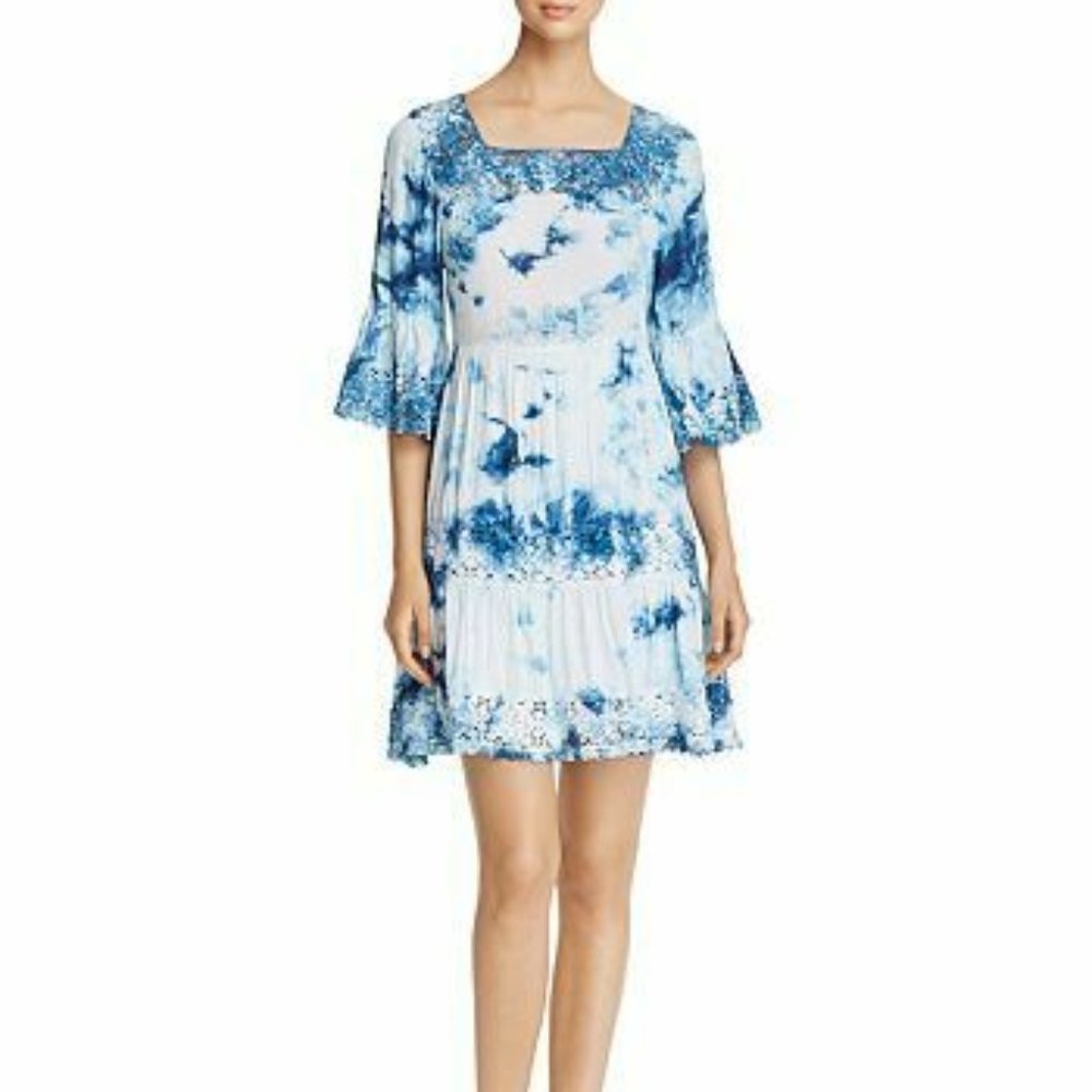 Cupio  Boho Bell Sleeve Tie Dye Blue Dress NWT